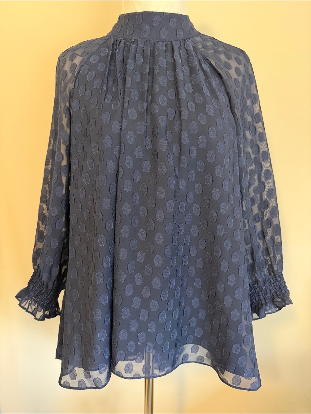 DR2 Navy Polka Sheer Long-Sleeve Blouse